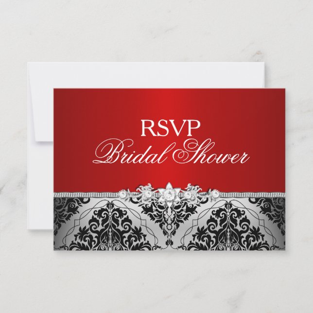 RSVP do Chá de panela Red Silver Damask & Jewel (Frente)
