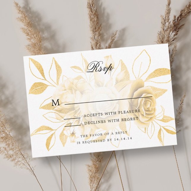 RSVP Dourada Watercolor Floral de Casamento Elegan (Elegant Wedding RSVP Gold Watercolor Floral)