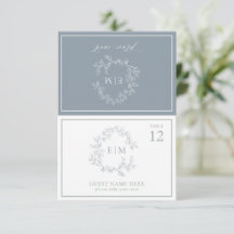 Dusty Blue Leafy Crest Monograma Cartão de Casamen
