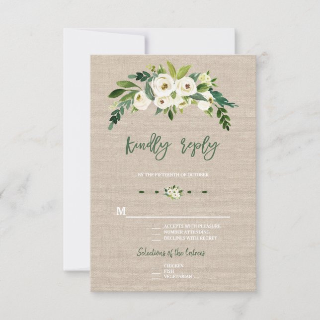 RSVP Escrita à Mão em Burel Floral Branco Moderno (Frente)