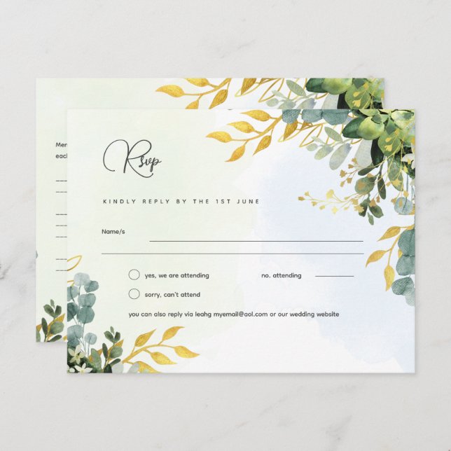 RSVP Eucalyptus Wedding - Menu Watercolor Greenery (Frente/Verso)