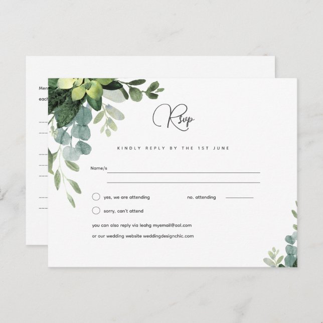RSVP Eucalyptus Wedding - Menu Watercolor Greenery (Frente/Verso)