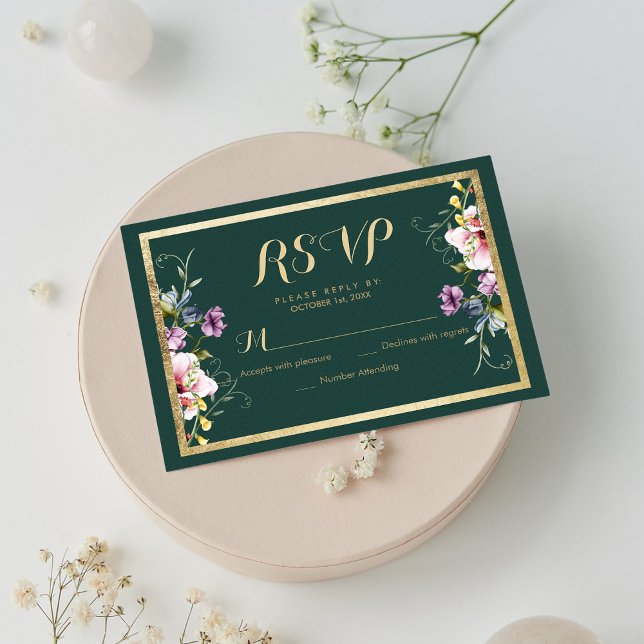 RSVP floral cor-de-rosa verde florestal elegante (Elegant forest green gold pink floral RSVP)