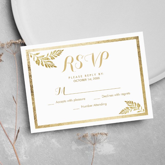 RSVP floral de folha de ouro branco simples da Ele (Elegance simple white golden leaf floral RSVP)