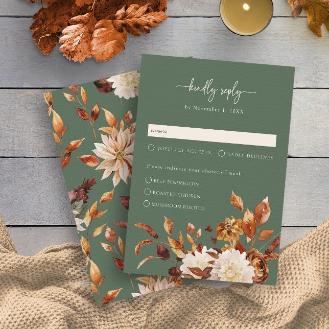RSVP Folhas de Outono Verde Salgueiro Rústico Cartão de (Rustic Sage Green Autumn Leaves Kindly Reply Response Card by Painted Paperie
)