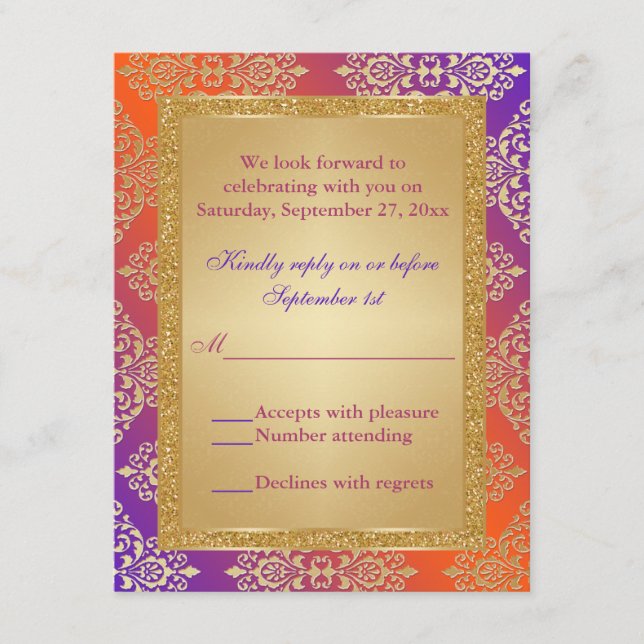 RSVP Laranja Roxo Brilho Dourado Falso, Cartão de Respo (Frente)
