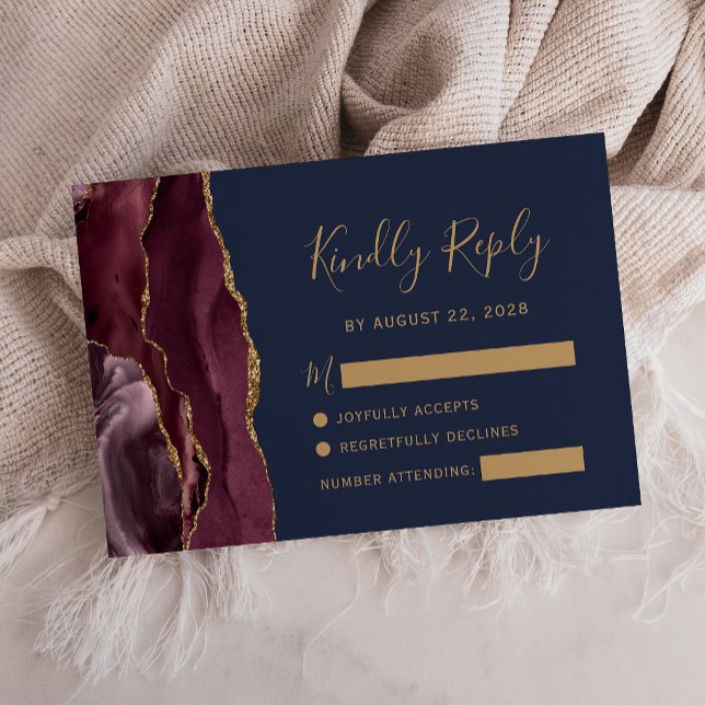RSVP Moderno Casamento Burgundy Dourado Ágata Azul (Criador carregado)