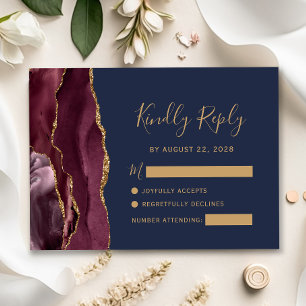 RSVP Moderno Casamento Burgundy Dourado Ágata Azul