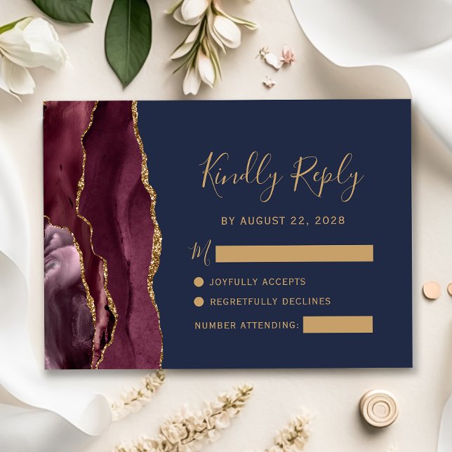 RSVP Moderno Casamento Burgundy Dourado Ágata Azul (Criador carregado)