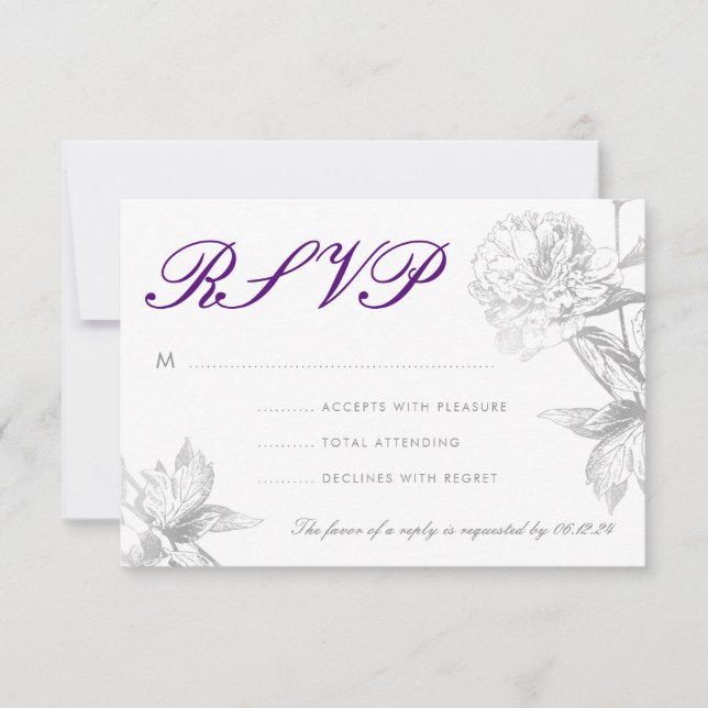 RSVP Moderno Casamento Simples Prata Roxo Floral (Frente)