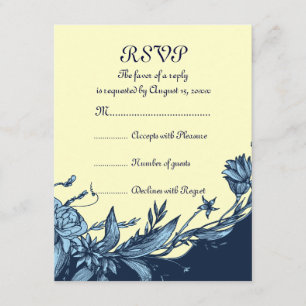 RSVP O azul do vintage floresce o cartão amarelo páli