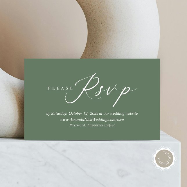 RSVP Online de Convite de Casamento, Cartão de Scr (Wedding Invitation Online RSVP Enclosed Card, Modern Romantic Script, in Forest Sage Green)