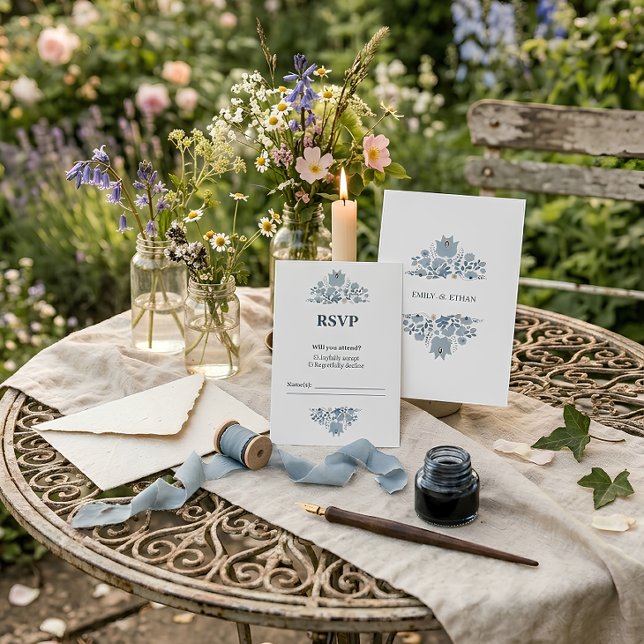RSVP para Casamento Floral Folclórico em Azul Empo (Elegant dusty blue wedding suite with RSVP and invitation for romantic rustic garden weddings)