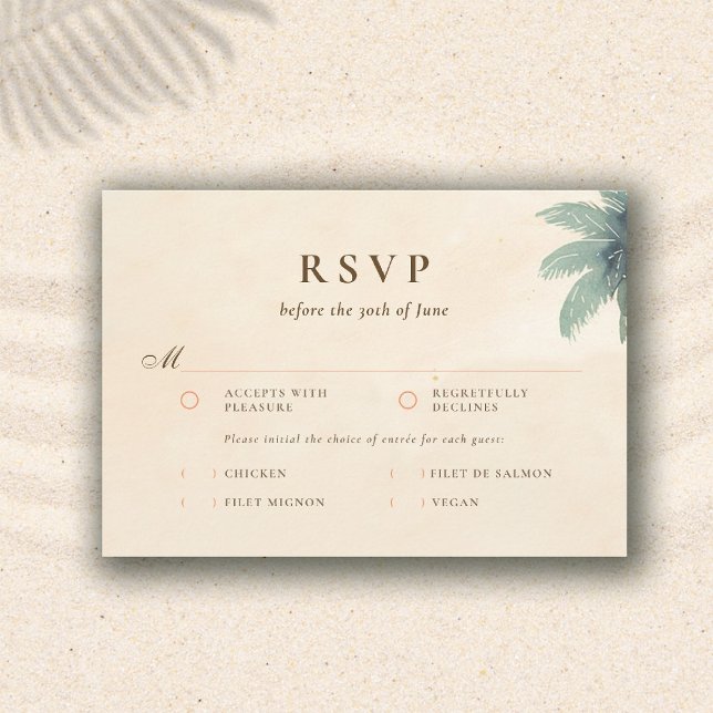 RSVP para Jantar de Casamento com Palmeira no Lito (vintage coastal wedding rsvl meal card retro orange teal waves watercolor palm elegant)