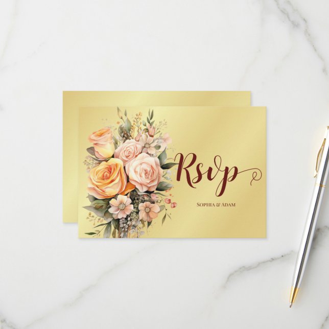 RSVP Pêssego Russo e Cartão RSPV para Casamento de Flor (Frente/Verso In Situ)