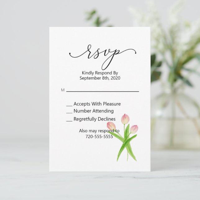 RSVP Pink Tulip Watercolor Floral (Em pé/Frente)