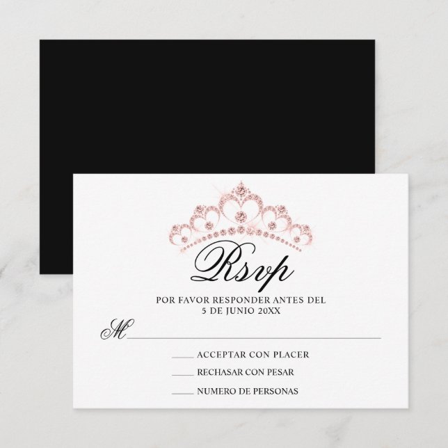RSVP Preto Branco Rosa Espanhol Quinceañera Quince (Frente/Verso)