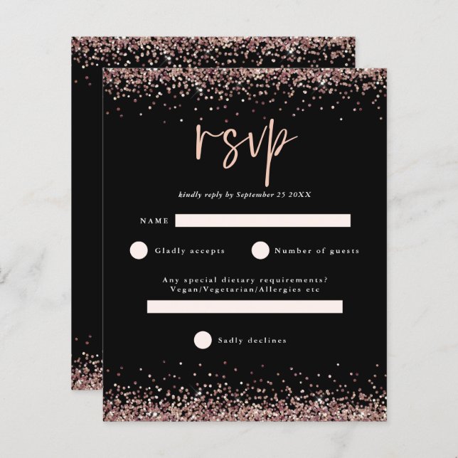 RSVP Preto do Script Glitter Dourado do Rosa de Or (Frente/Verso)