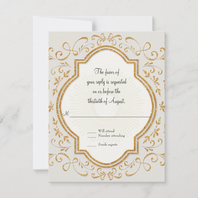 RSVP Quatrefoil Frame Script Glitter Dourado (Frente)