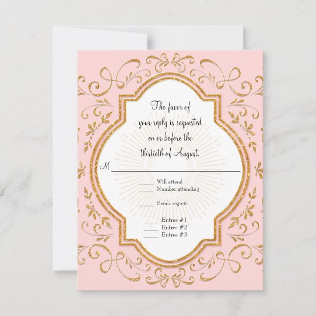 RSVP Quatrefoil Frame Script Glitter Dourado (Frente)