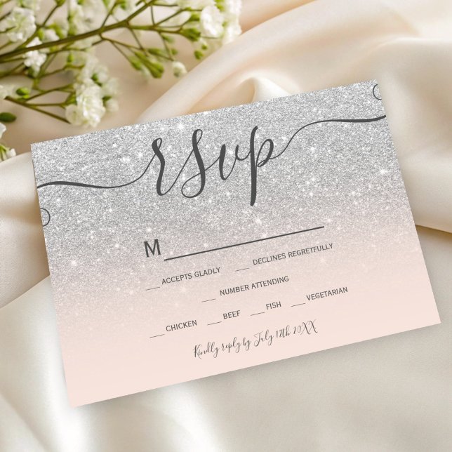 Rsvp quic do script pink pincel de brilho prateado (Silver glitter blush pink script chic rsvp)