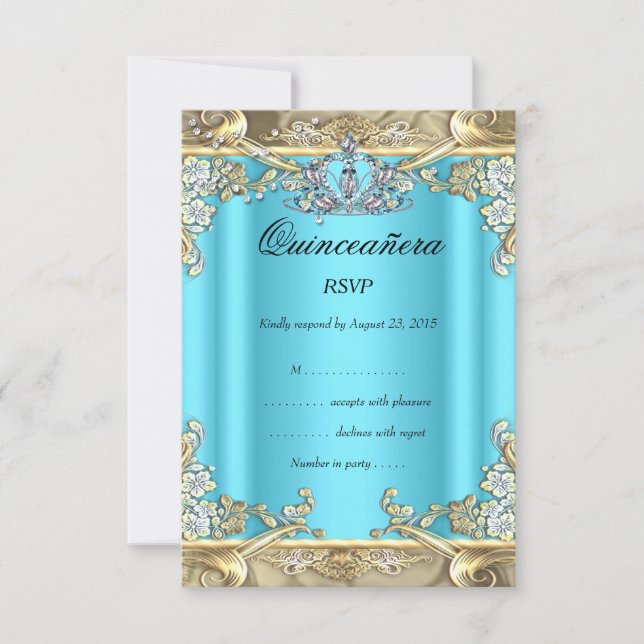 RSVP Quinceanera Blue Aqua Teal Dourada 15 Anivers (Frente)