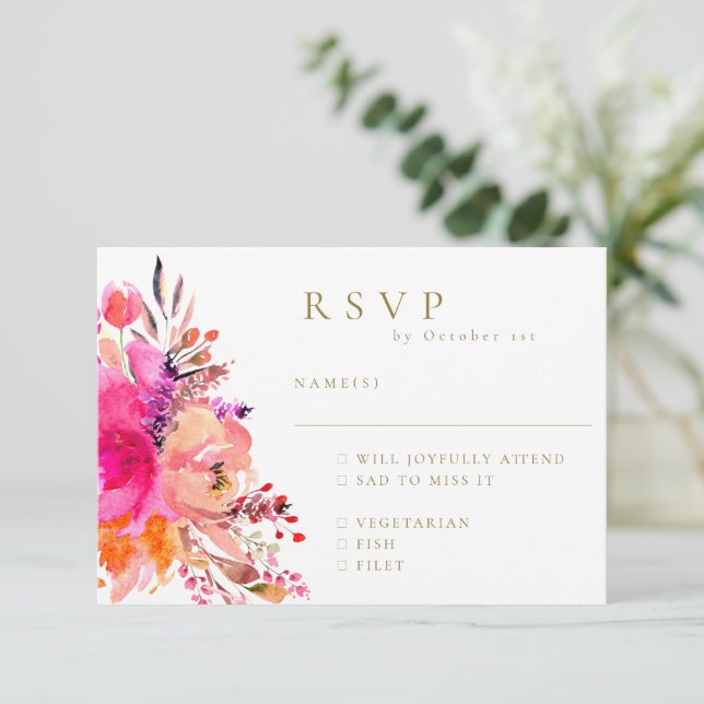 RSVP Refeição de Casamento Floral de Aquarela Rosa (Em pé/Frente)