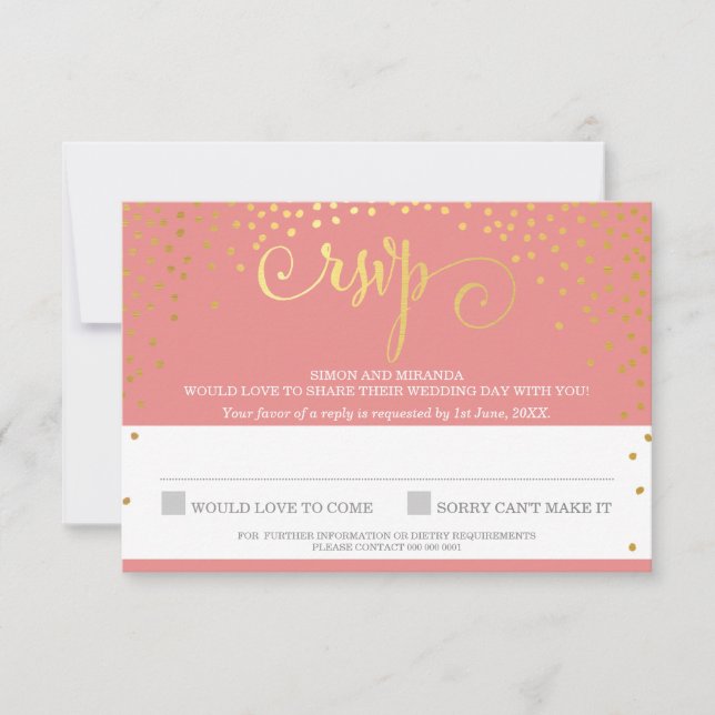 RSVP REPLY na moda rustic mini gold confetti coral (Frente)