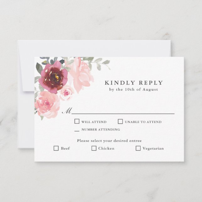 RSVP Romântico rosa e borgonha com árvores (Frente)