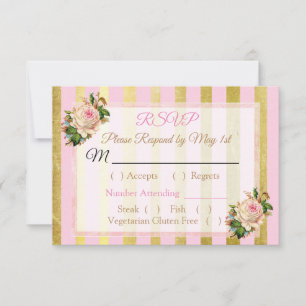 RSVP Rosa e cartão Wedding listrado floral Dourado de