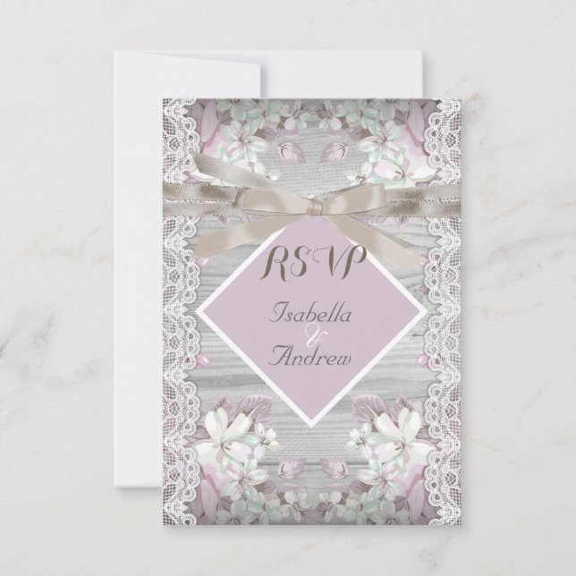 RSVP Rustic Wood Floral Casamento Lace Branco Rosa (Frente)