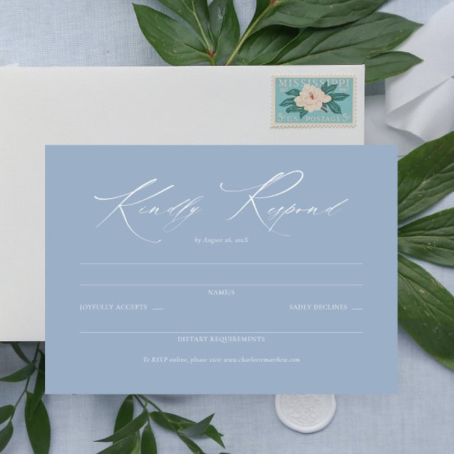 RSVP Simples de Casamento Azul Dusty Script Elegan (dusty blue rsvp card, dainty wedding blue response card, elegant script rsvp enclosure card)