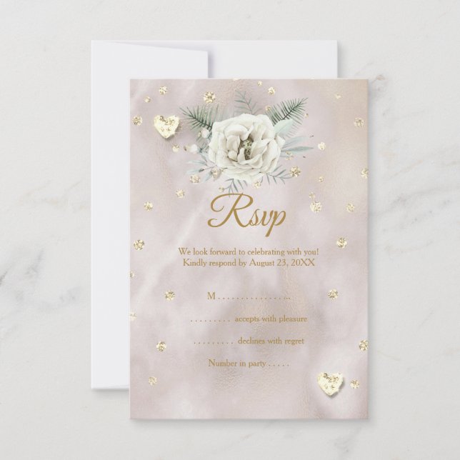RSVP Wedding Beige Dourada White Rose Hearts Glitt (Frente)