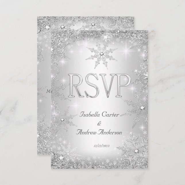 RSVP Wedding Silver Winter Wonderland Snowflakes (Frente/Verso)