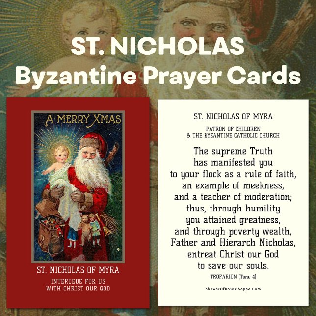 Rua BISHOP. NICHOLAS DE MYRA REPRAYER HOLY CARTÕES (St. Nicholas of Myra Byzantine Catholic Prayer Cards with Santa Claus holding Jesus )