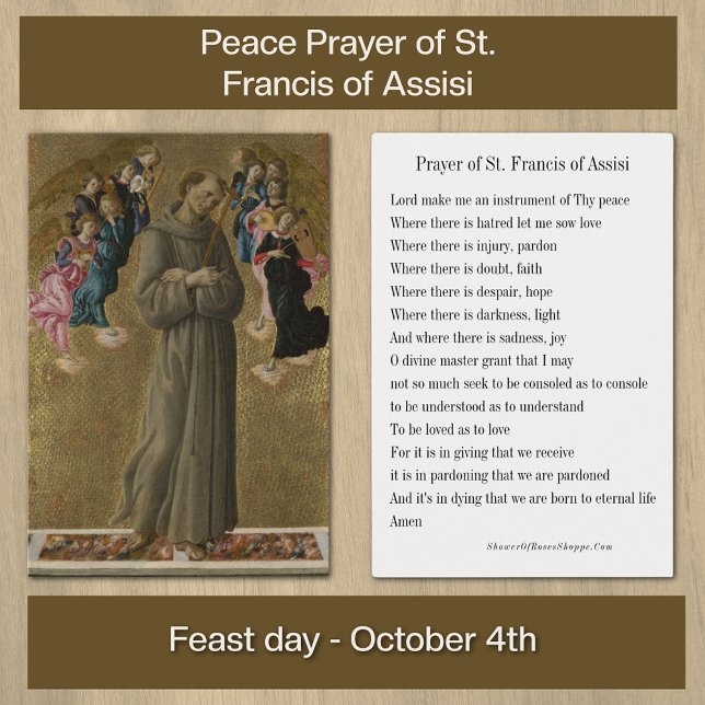 Rua de oração da paz. Francis Prayer Card (Beautiful painting by Botticelli of St. Francis of Assisi with the traditional Peace Prayer. )