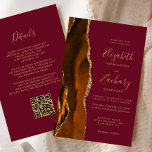 Rua de Orçamento Agate Dourado Borgonha Código QR<br><div class="desc">A borda esquerda deste elegante convite de casamento moderno apresenta uma laranja queimada e uma aquarela ferrugem borda agitada com falsa brilho de ouro. O texto personalizável combina manuscritos dourados, copperplate e fontes itálicas em fundo burgundy. Adicione mais detalhes no verso, juntamente com um código QR para ajudar seus convidados...</div>