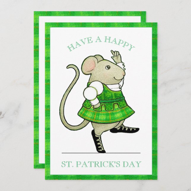 RUA IRISH JIG MOUSE. Cartão plano 5x7 Dia de Patri (Frente/Verso)