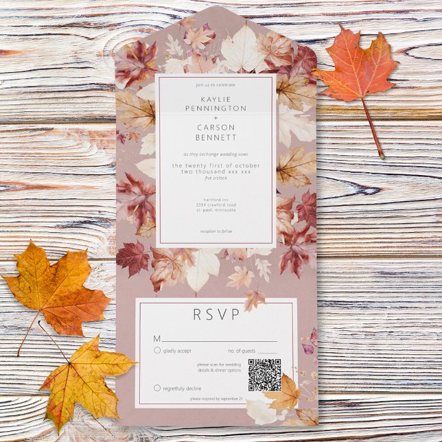 Rua Rústica das Folhas Cai Código QR da Borgonha (Rustic Wreath of Fall Leaves Burgundy QR Code All In One Invitation)