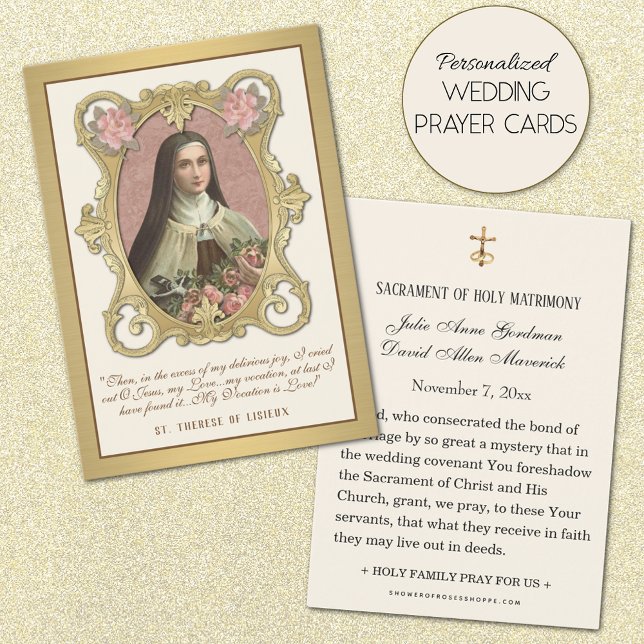 Ruas Douradas Elegantes... Rosas Sagrados Casament (Personalized Catholic Wedding Holy Card with Beautiful Image of St. Therese of Lisieux.)