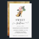 Ruas Douradas Florais do Orçamento Doce 16 Anivers<br><div class="desc">Orçamento, Moderno, Elegante, Chic Floral Dourado Heels Doce 16 Convite de aniversário com o nosso glamouroso salto de ouro branco, rodeado de flores tropicais cor-de-rosa e verde. O fundo é uma luxuosa lavagem de ouro a aquarela. Fácil de personalizar com suas informações para um convite de aniversário de 16 anos...</div>