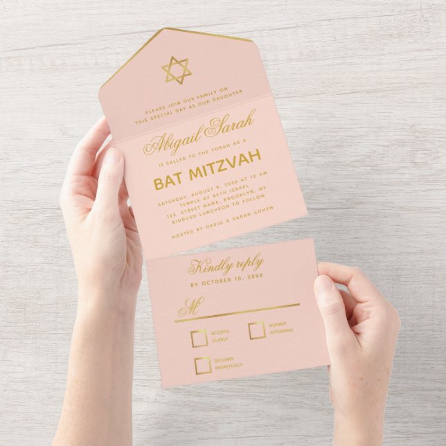 Rubor de Bat Mitzvah Rosa Dourado Falso Grafismo E (Aba destacável)