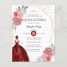 Ruby Red Floral Quinceañera Convite Geométrico