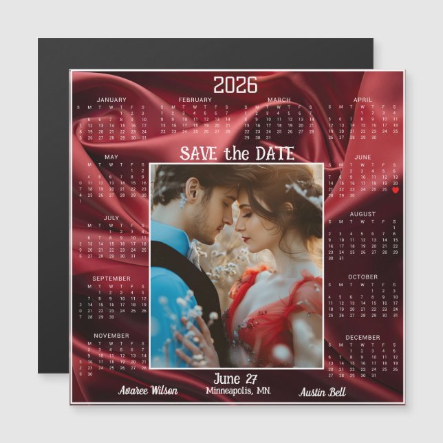 Ruby Red Luxury Satin Save the Date Engaged Couple (Frente/Verso)