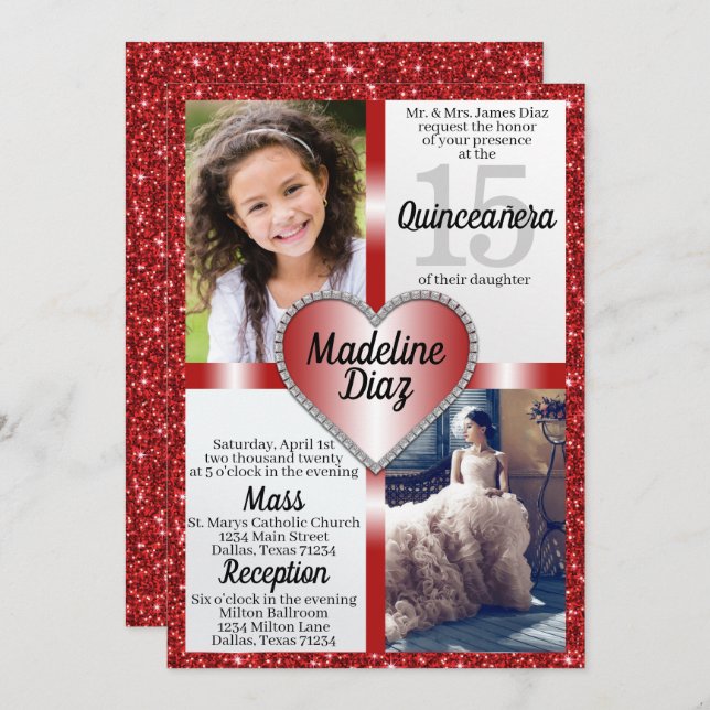 Ruby Red Quinceañera Convite 15 Cumpleaños (Frente/Verso)