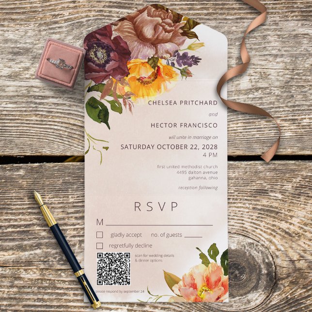 Ruído Queda Burgundy & Yellow Floral Tan QR Code (Criador carregado)