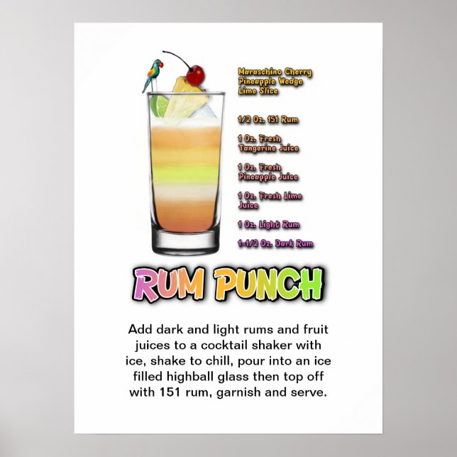 RUM PUNCH Cocktail Receita 18" x 24" Art Poster (Frente)