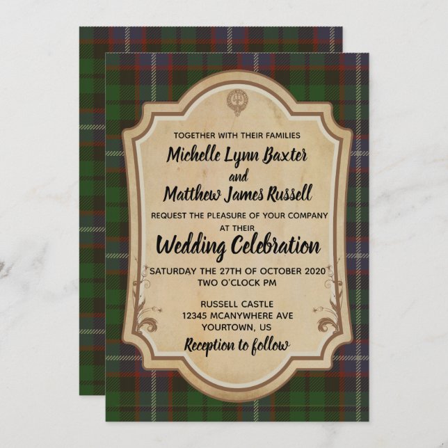 Russell Tartan Wedding Convite (Frente/Verso)