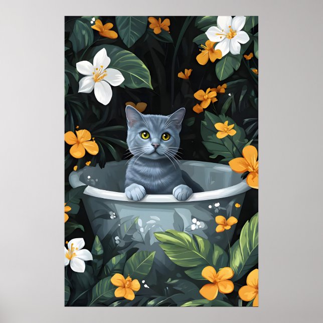 Russian Blue In Bathtub Poster, Funny Cat Poster (Frente)