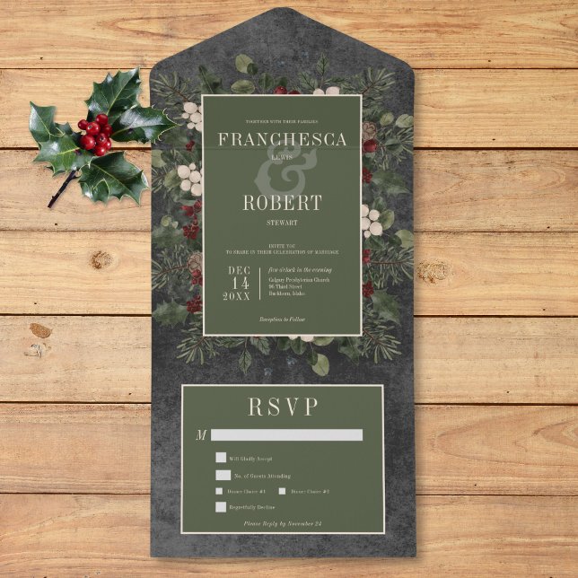 Russo Berries Winter & Pine Black Two Janto (Rustic Winter Berries & Pine Black Two Dinner All In One Invitation)